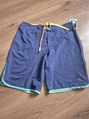 Men's XXX Lost Navy Blue Boardshorts with Yellow Drawstring